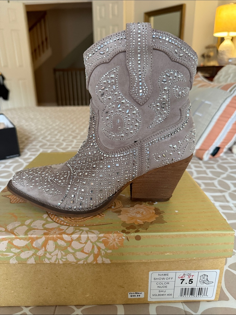 Very G Nude Crystal-Embellished Western Ankle Boots